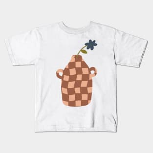 large terracotta checkerboard vase with single blue flower Kids T-Shirt